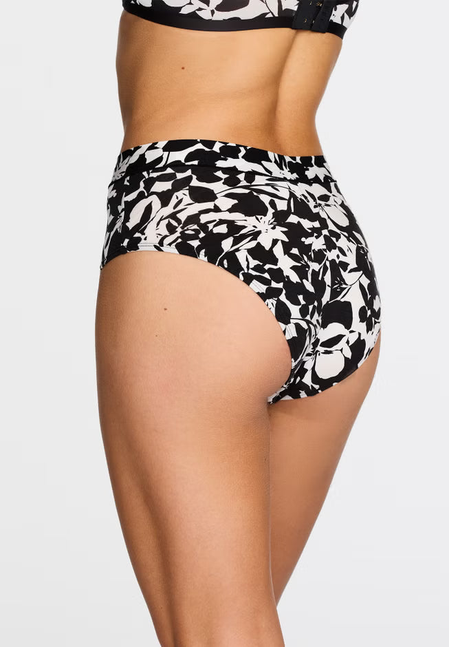 Black and white floral high-waisted bikini bottom on a plain background