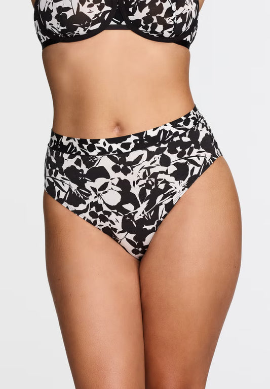 Black and white floral bikini set on a plain background