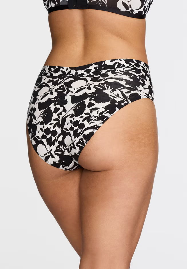 Black and white floral patterned high-waisted bikini bottom on a plain background
