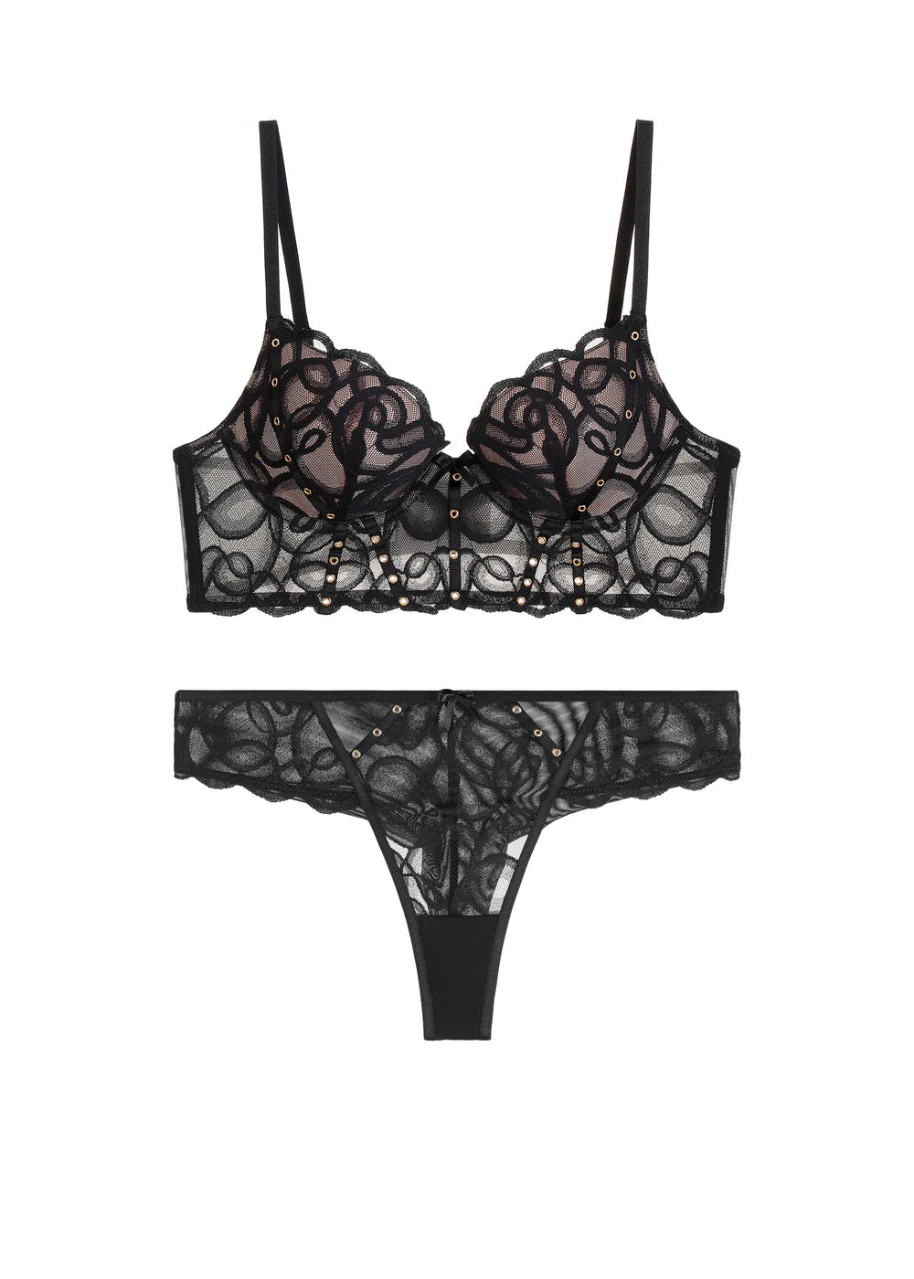 Black lace lingerie set on a white background