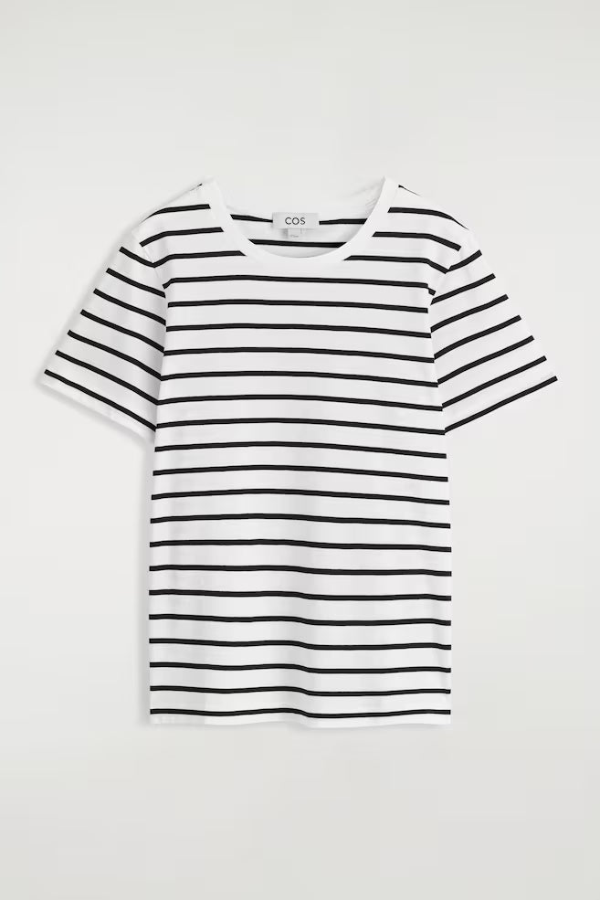 Black and white striped t-shirt on a white background
