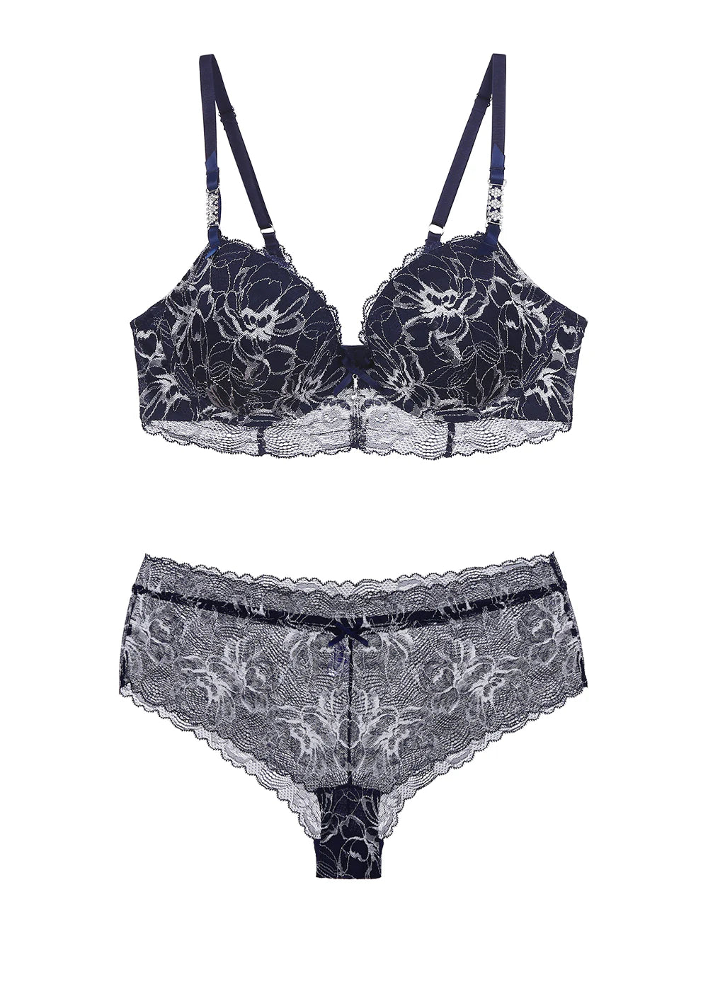 Navy blue lace lingerie set on a white background