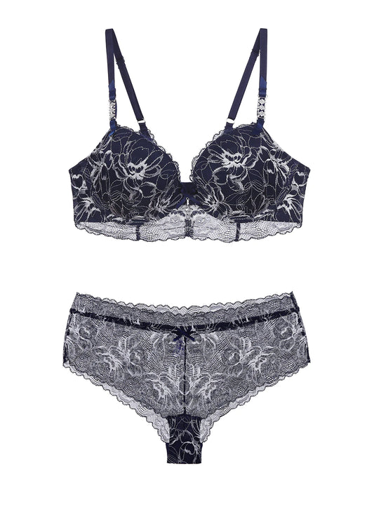 Navy blue lace lingerie set on a white background