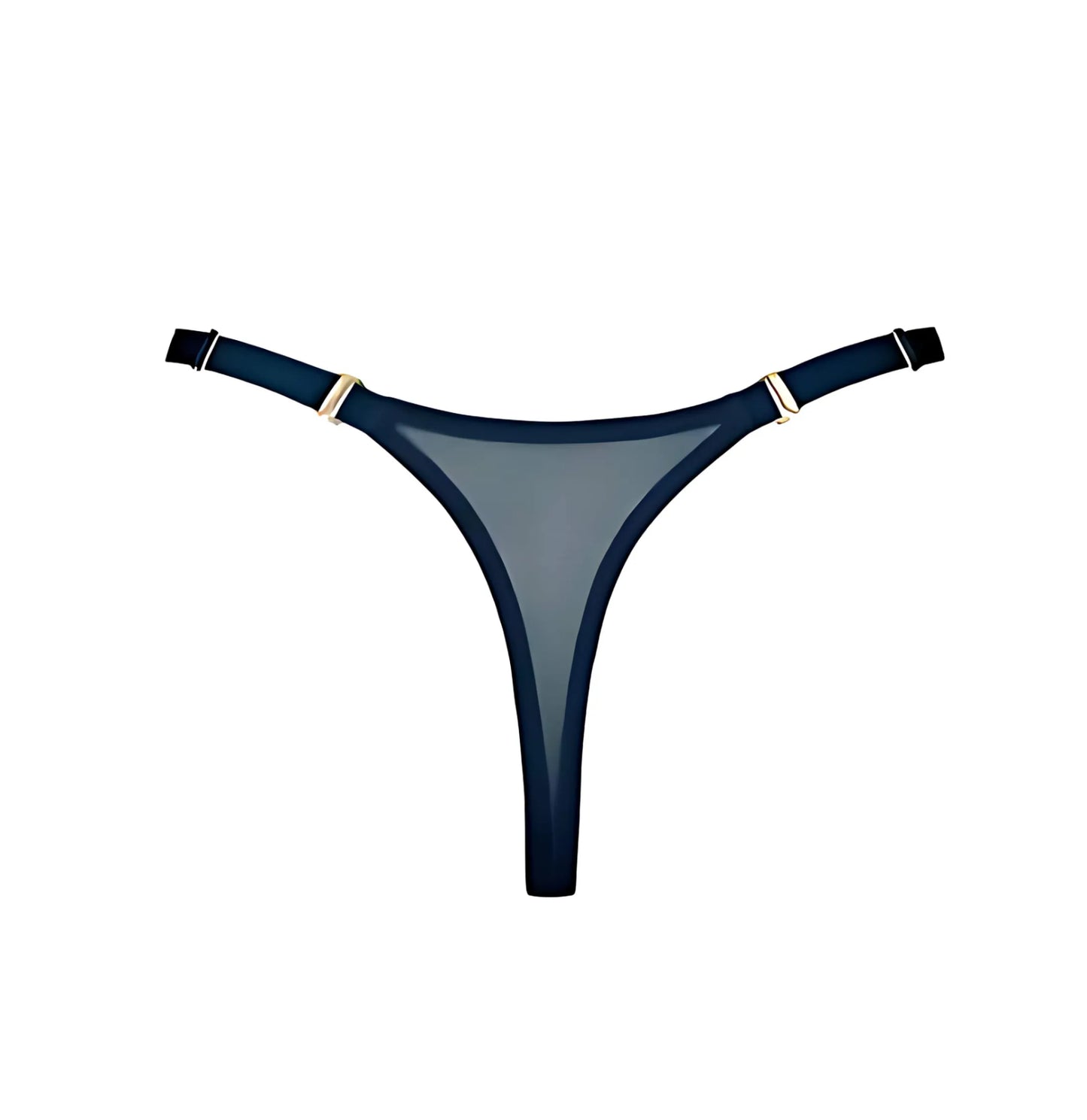 Navy blue thong with gold accents on a white background