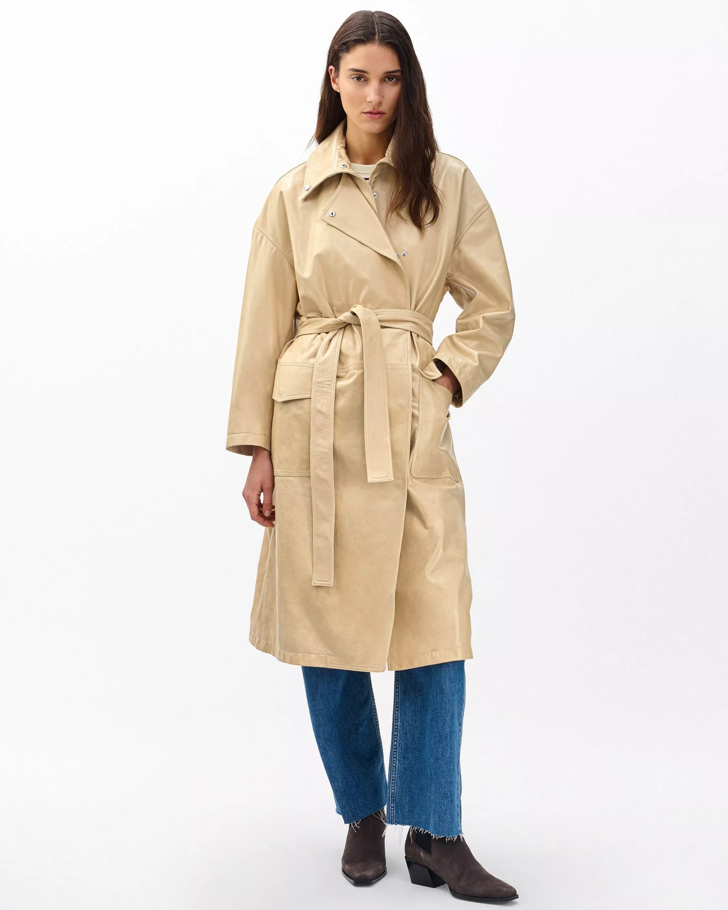 Rue Lamb Leather Trench Coat in rich exclusive hue. Oversized minimalist trench coat with removable belt for women. Luxury lamb leather outerwear.