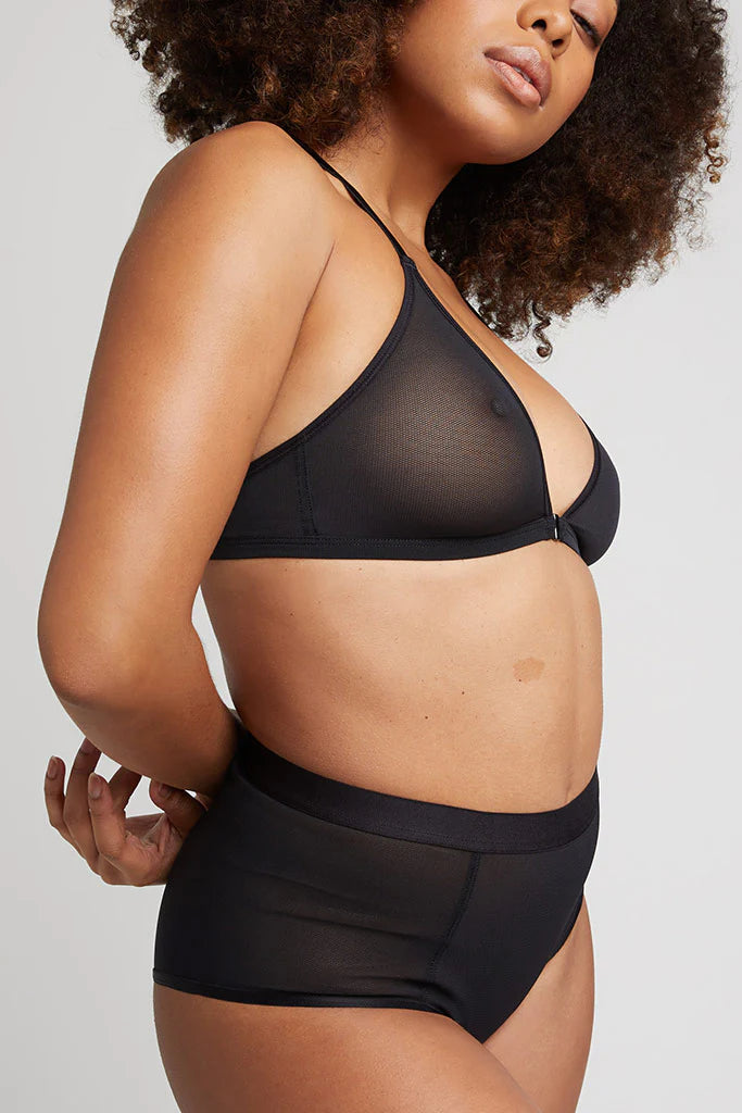 Person wearing a black bikini set on a plain background