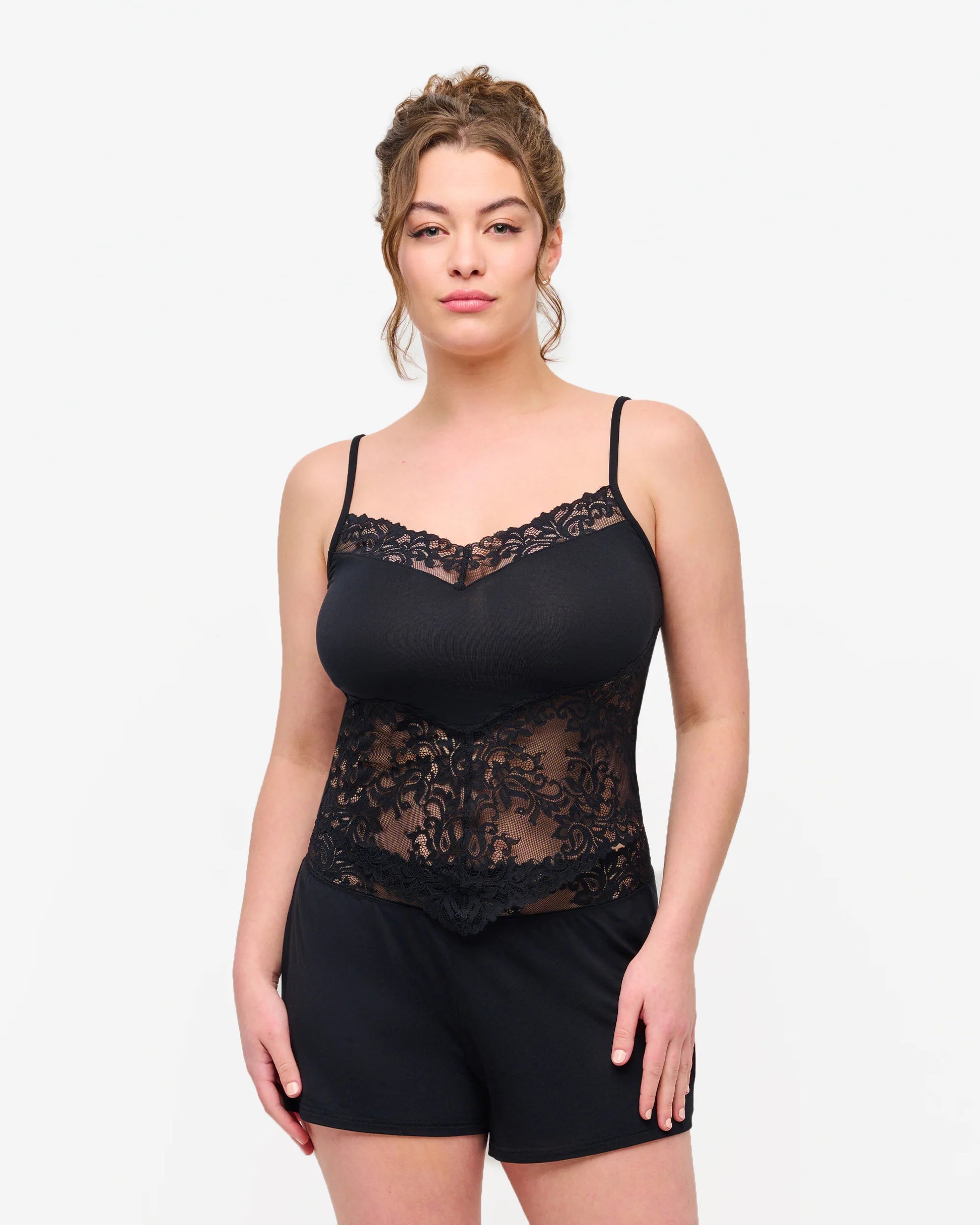 Woman wearing Carmela Modal Sleep Set by Lux & Motion | Italian paisley lace camisole and boxer shorts | Lux & Motion Permanent Collection