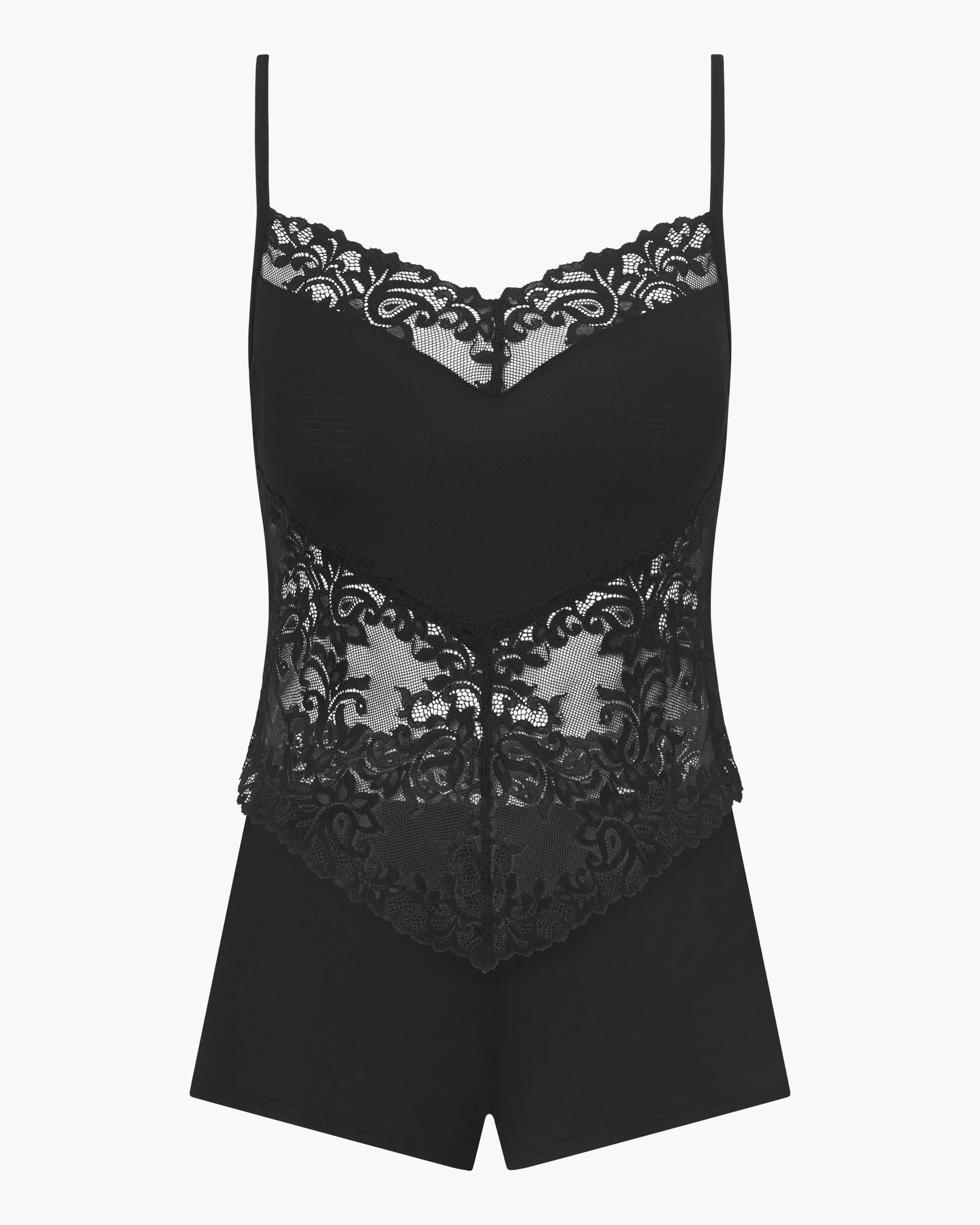 Black lace camisole with matching shorts on a white background