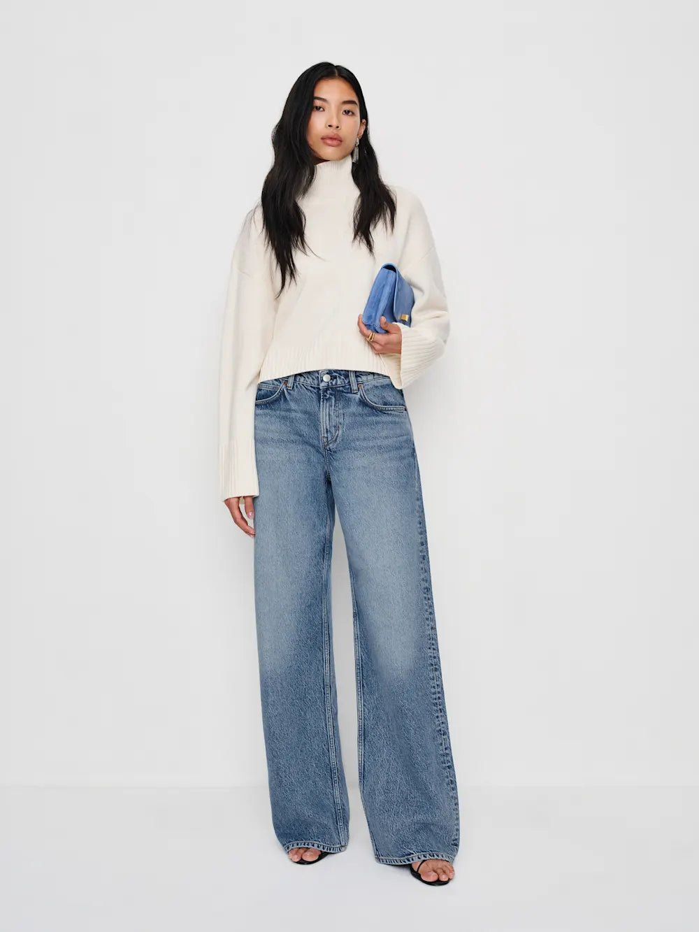 Cary Low Rise Slouchy Wide Leg Jeans in non-stretch regenerative denim — full-length inseam, wide leg opening, worn by executive woman in urban setting, Lux & Motion Editor’s Vault