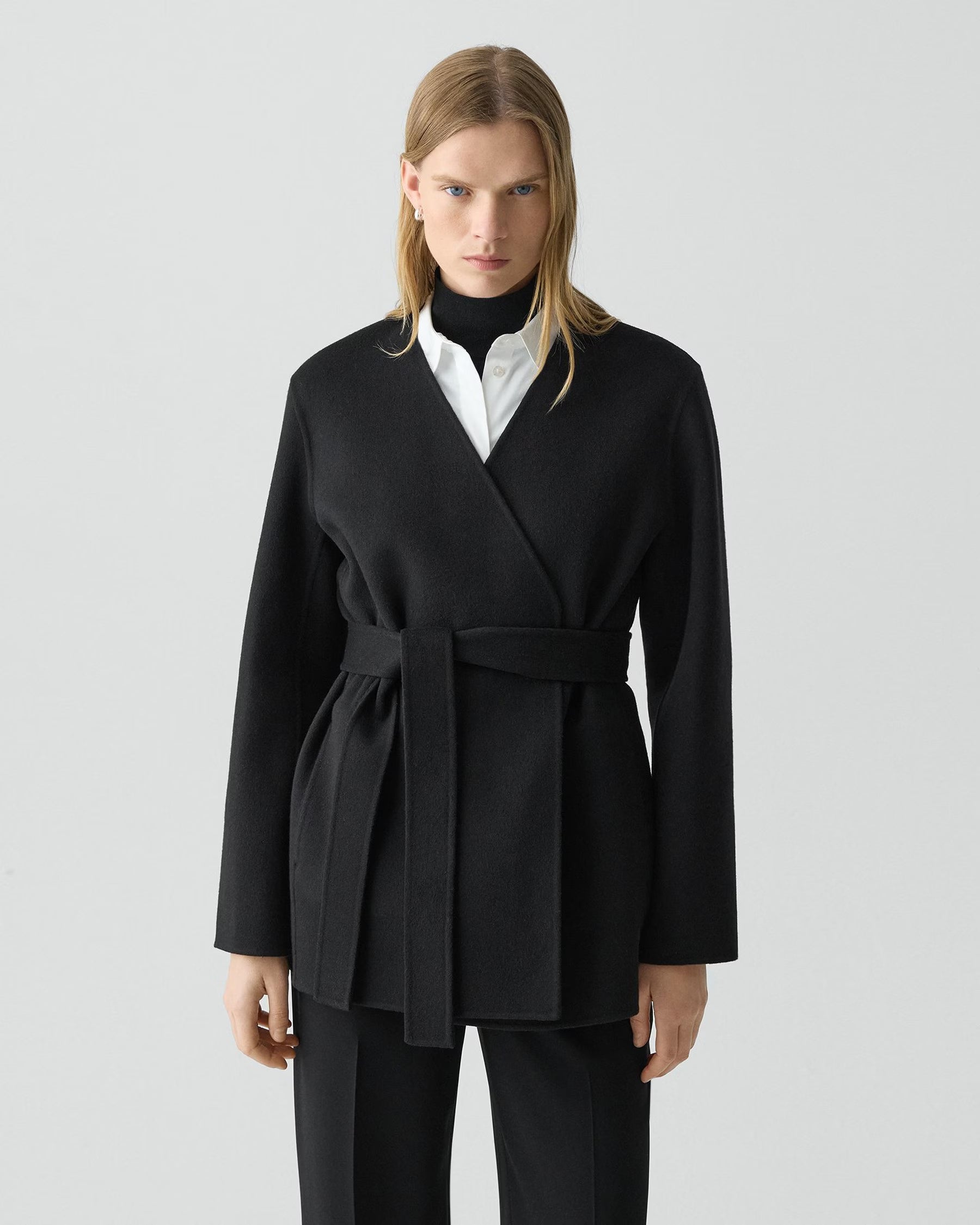Luxury double-face wool-cashmere cardigan jacket for professional women - Italian crafted with removable waist tie - Lux & Motion sovereign collection