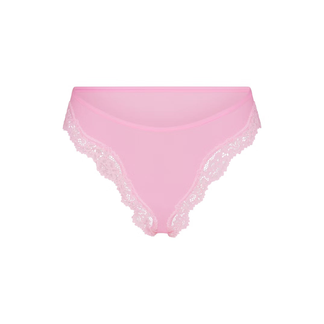 Pink lace underwear on a white background