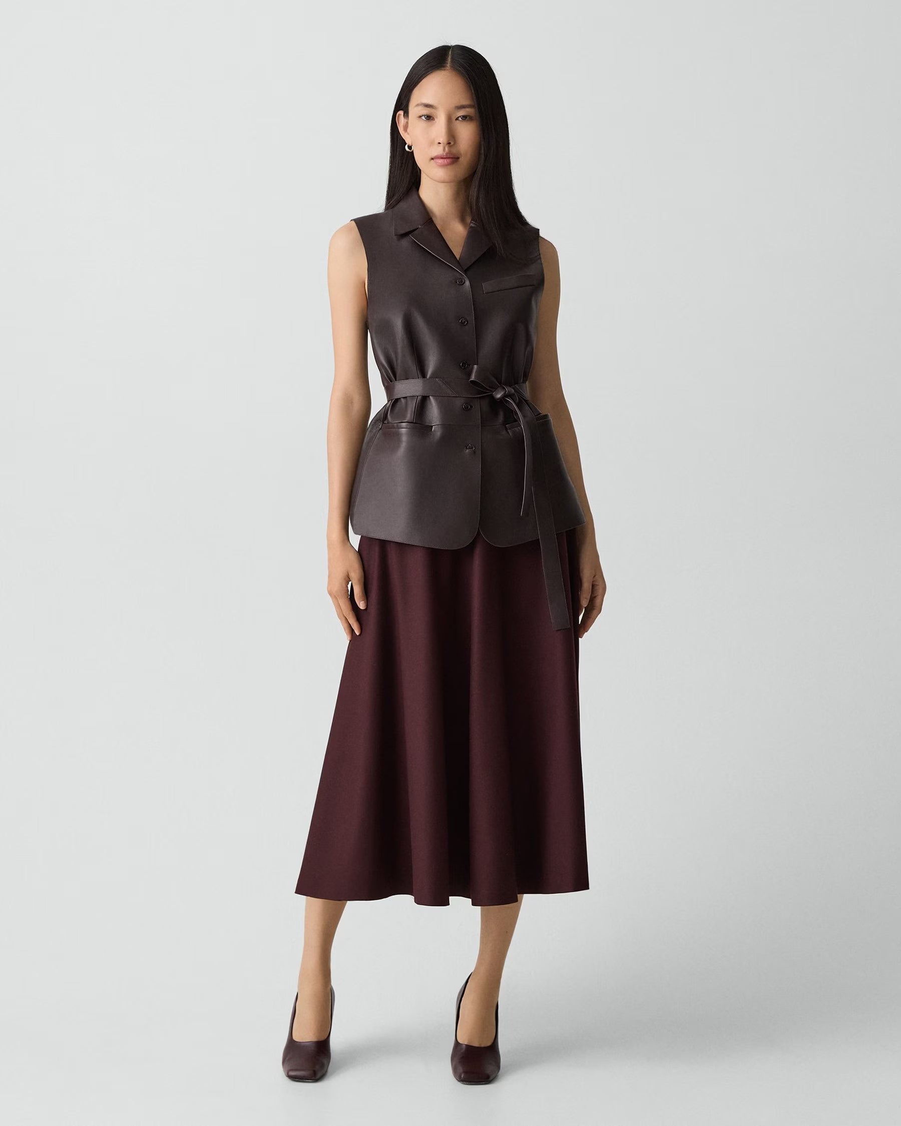Luxury flared midi skirt in Tasmanian wool - architectural silhouette with concealed zip - Lux & Motion sovereign collection