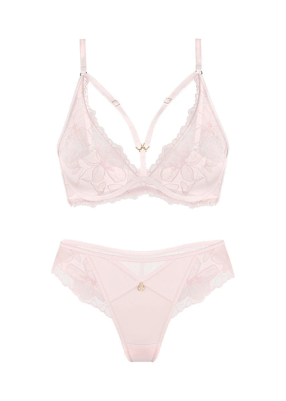 Pink lingerie set with floral details on a white background