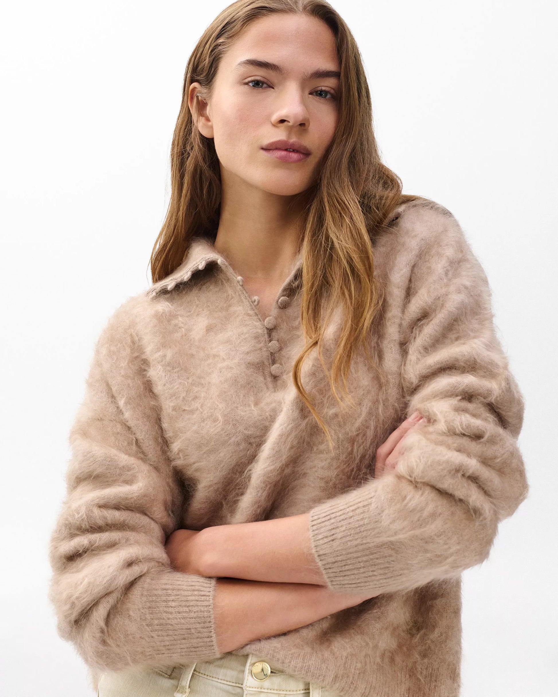 Woman wearing Jada Brushed Cashmere Sweater by Lux & Motion | Oversized cashmere cardigan with embroidered detail | Luxury loungewear | Foundation 2025 Collection