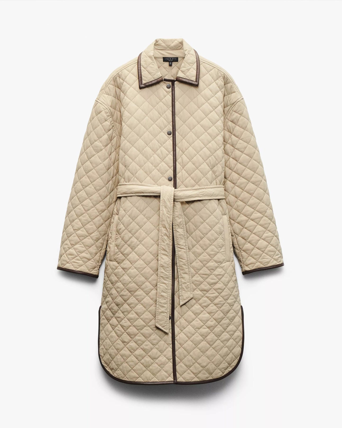 Beige quilted coat with a belt on a white background