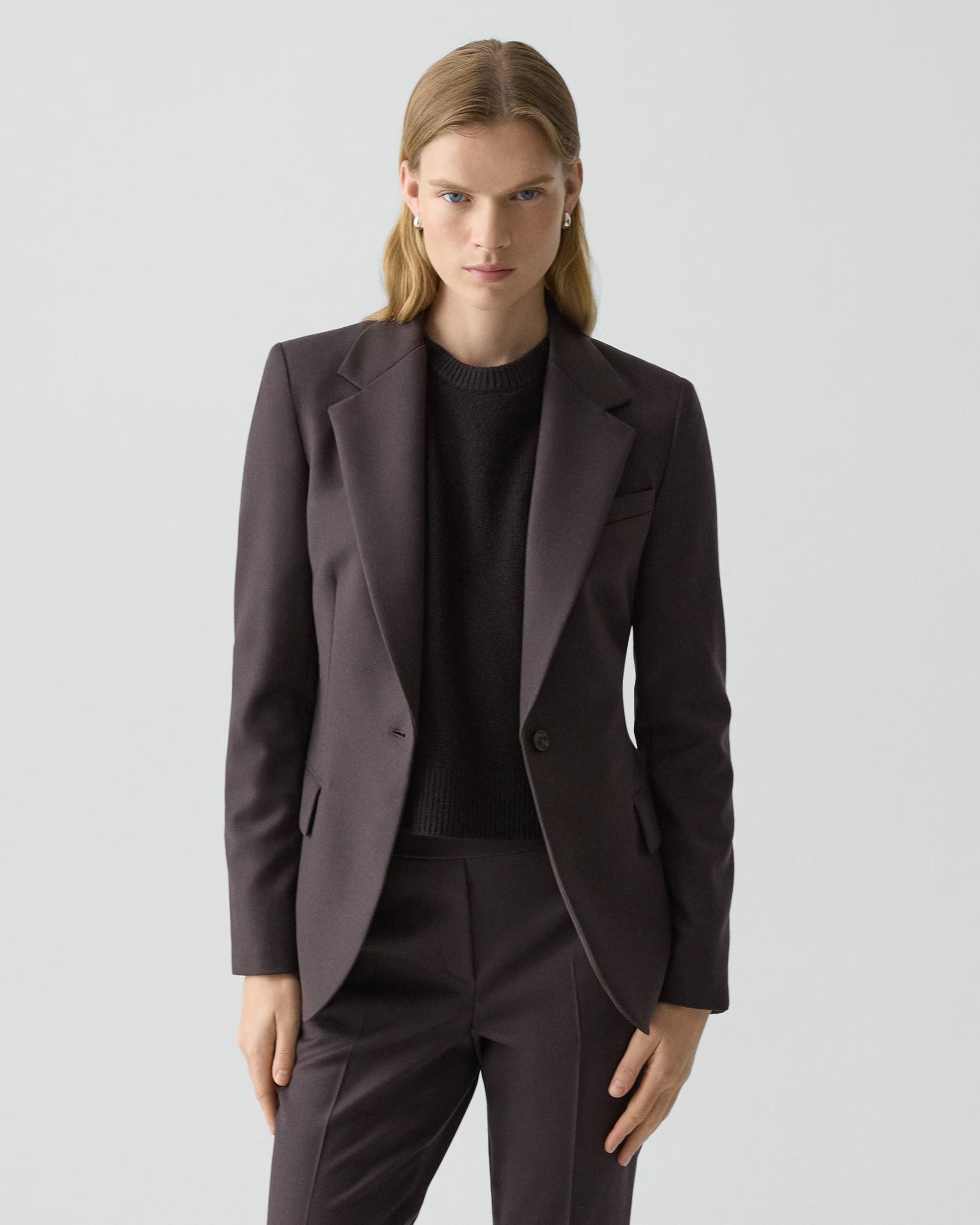 Lynnia Blazer in Tasmanian Italian wool - architectural silhouette with structured shoulders and defined waist - Lux & Motion Limited Edition