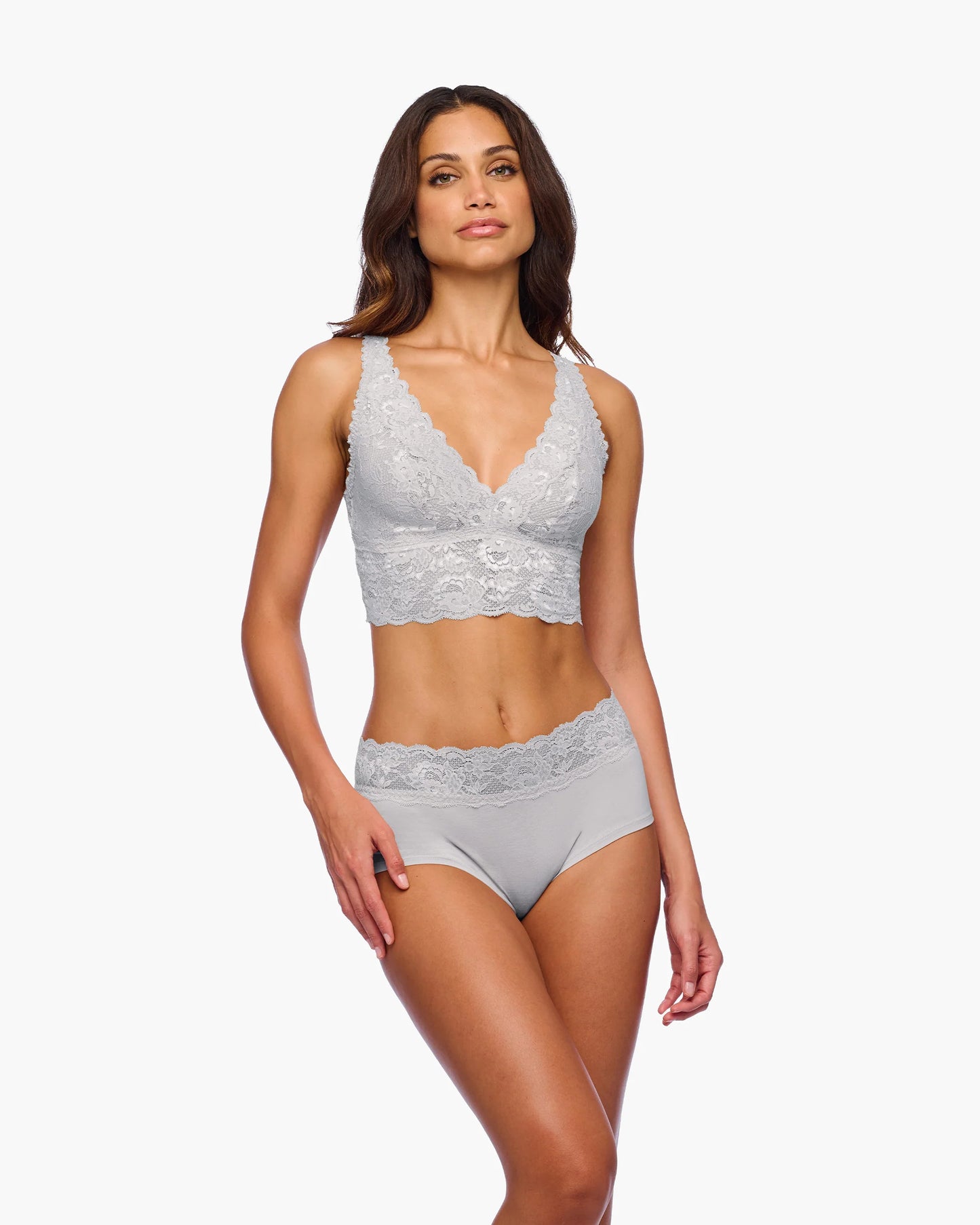Woman wearing Never Say Never Plungie Bralette by Lux & Motion | Italian lace longline bralette for sensuality and support | Foundation 2025 Collection