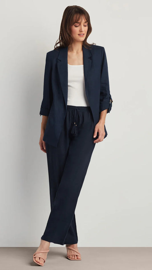 Open front linen blend blazer with welt pockets and convertible sleeves by Lux and Motion