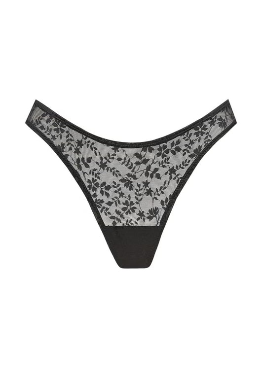 Black lace thong on a white background