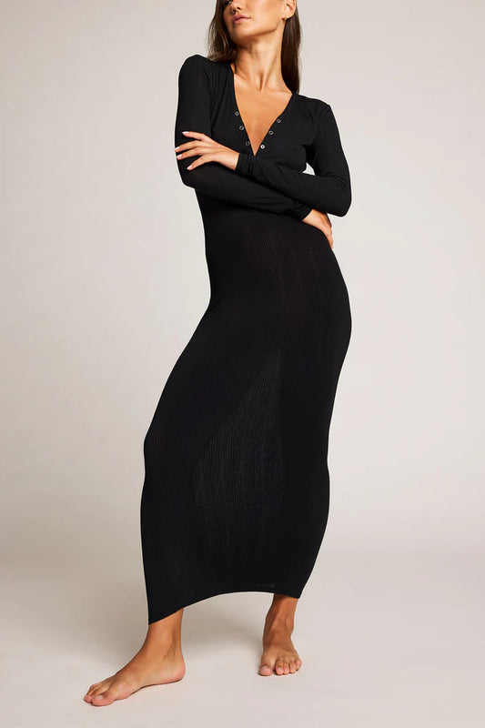 Woman wearing Whipped Henley Dress in butter-soft micromodal, form-fitting and cloud-like texture