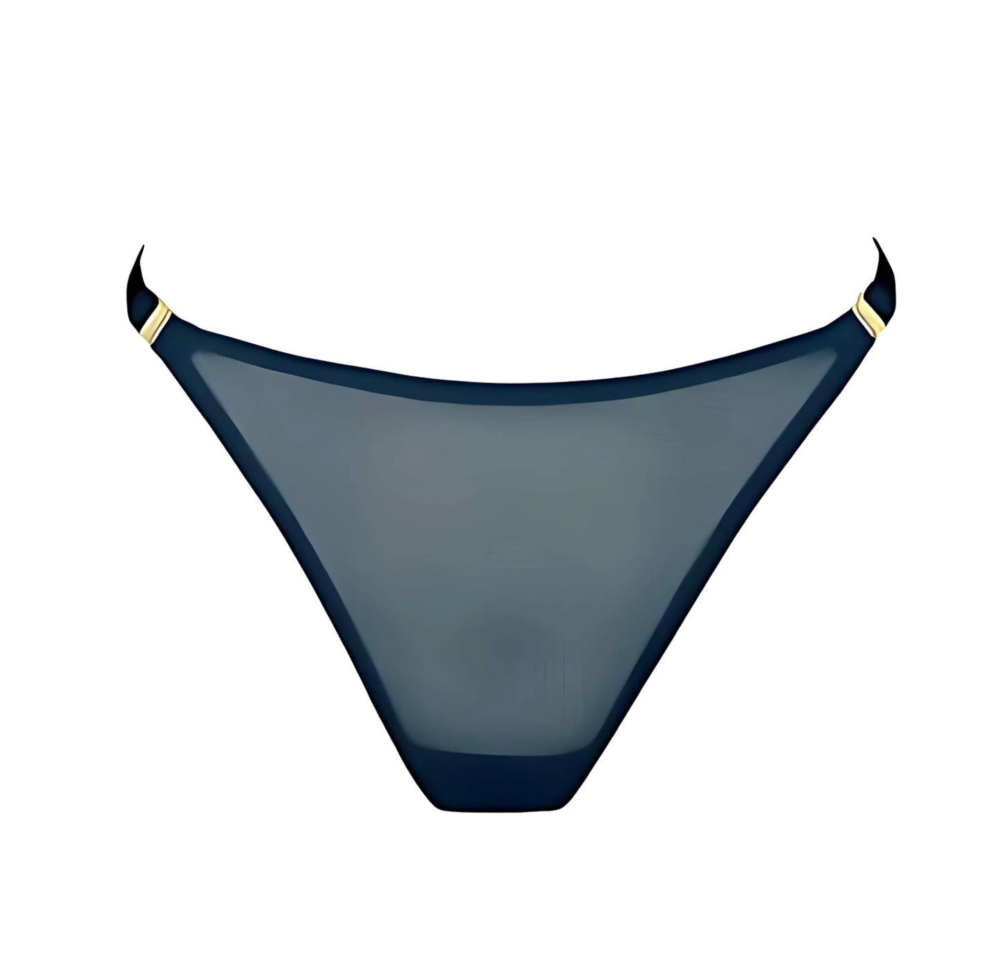 Navy blue bikini bottom with gold accents on a white background