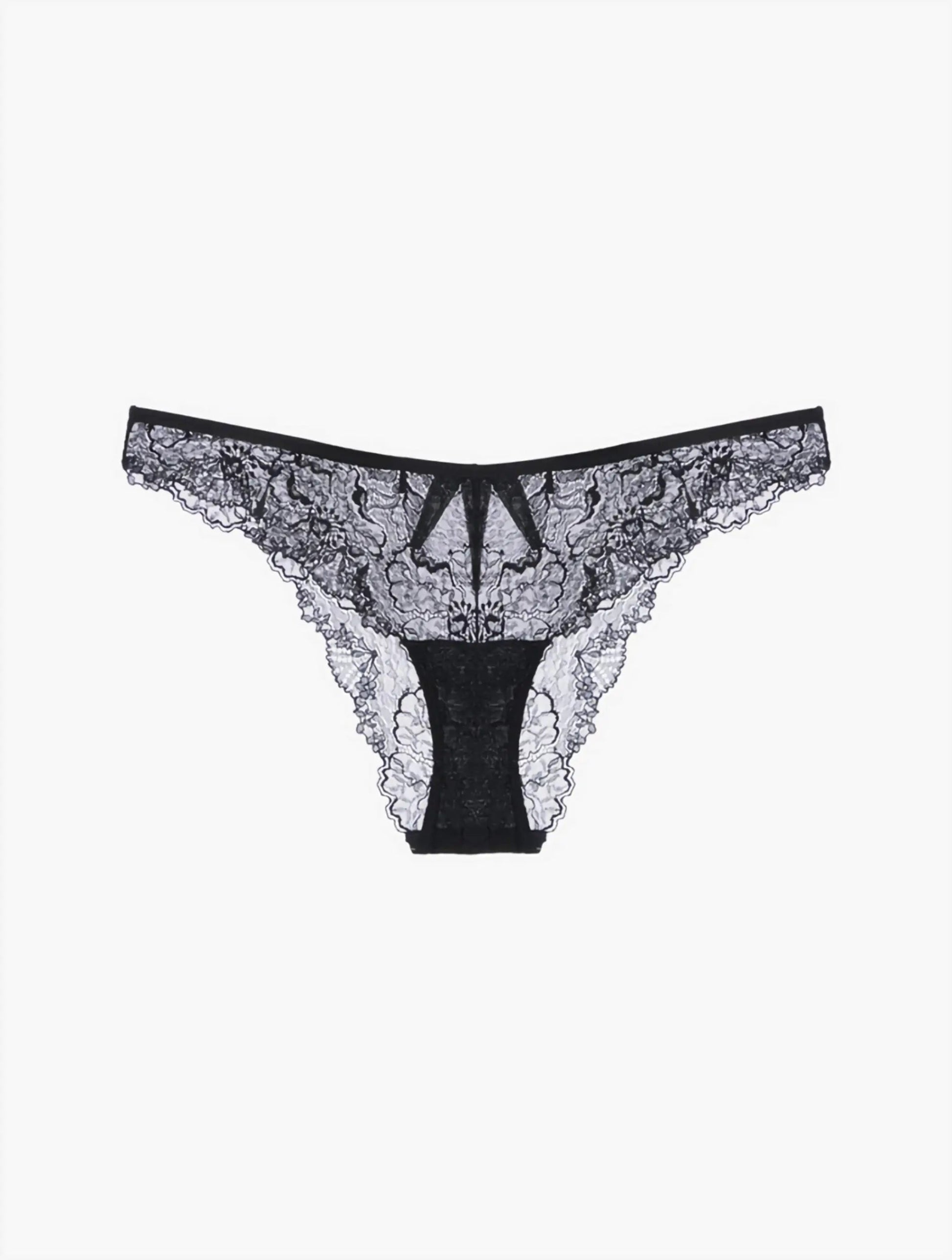 The Diamante Brazilian Briefs in black, showcasing the upcycled Leavers lace and silk construction on a neutral background