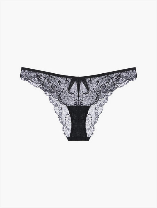 The Diamante Brazilian Briefs in black, showcasing the upcycled Leavers lace and silk construction on a neutral background