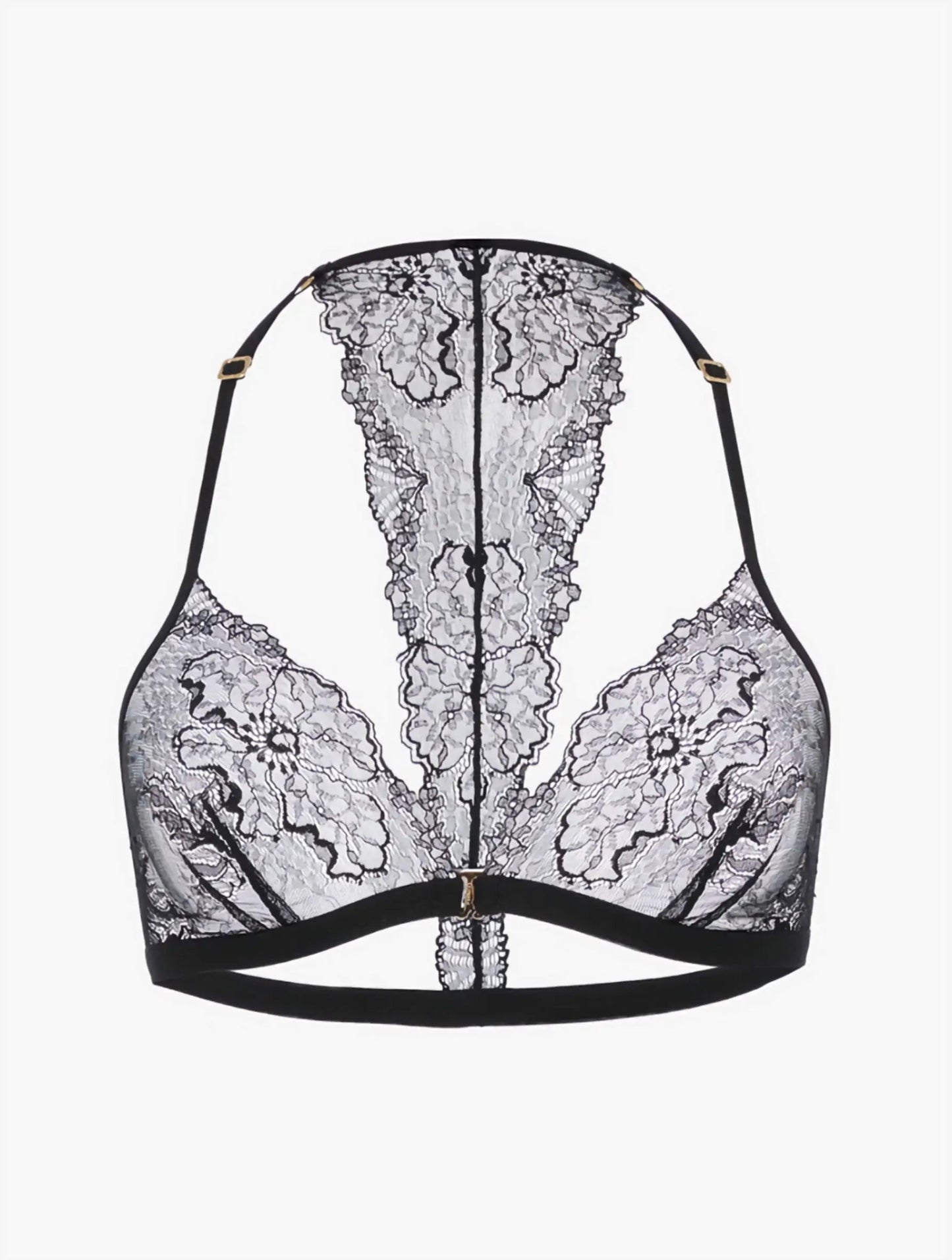 The Diamante Soft Triangle Bra in black, showcasing the upcycled Leavers lace and delicate back crystal detail on a minimalist background