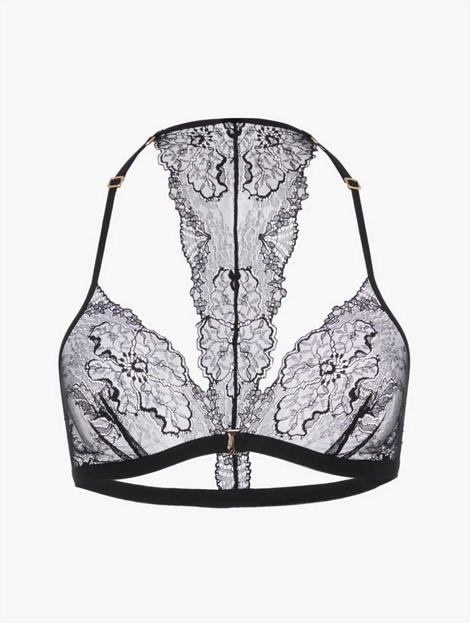 The Diamante Soft Triangle Bra in black, showcasing the upcycled Leavers lace and delicate back crystal detail on a minimalist background