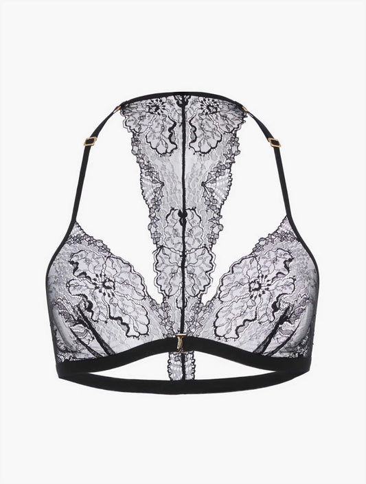 The Diamante Soft Triangle Bra in black, showcasing the upcycled Leavers lace and delicate back crystal detail on a minimalist background