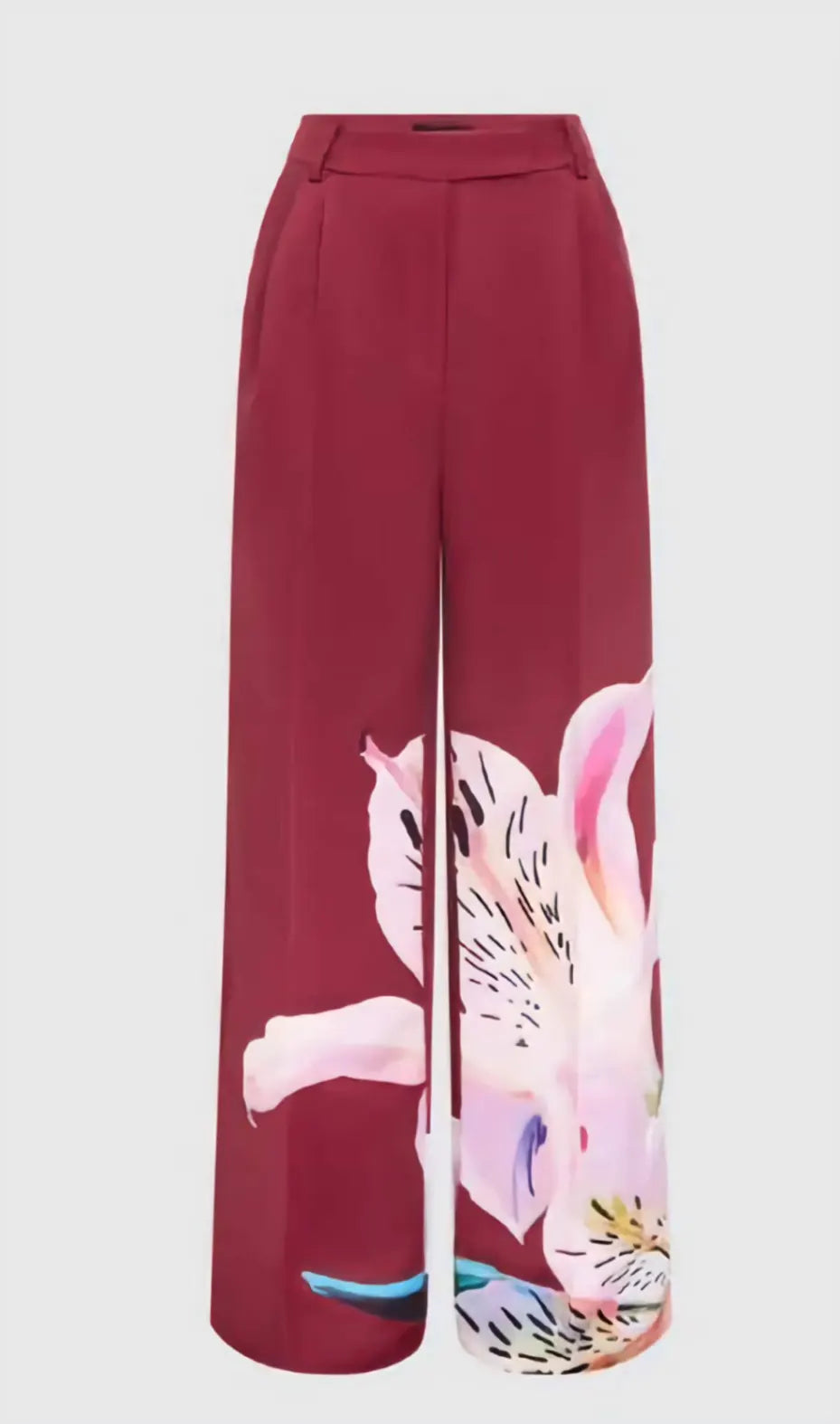 Maroon pants with a colorful floral design on a light gray background
