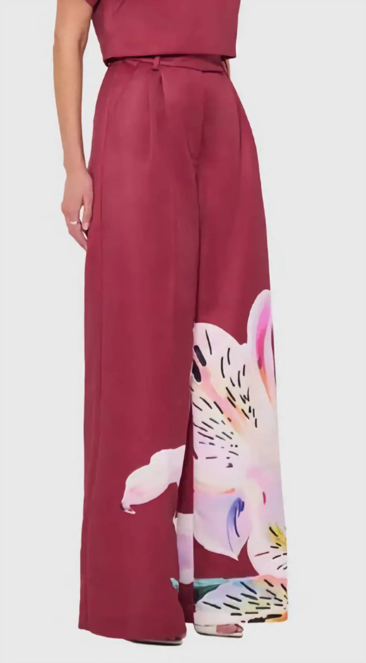 Maroon wide-leg pants with a colorful cat design on a white background