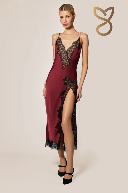 Giselle Midi Slip Dress in silk chiffon and French lace with thigh-high slit and scalloped neckline