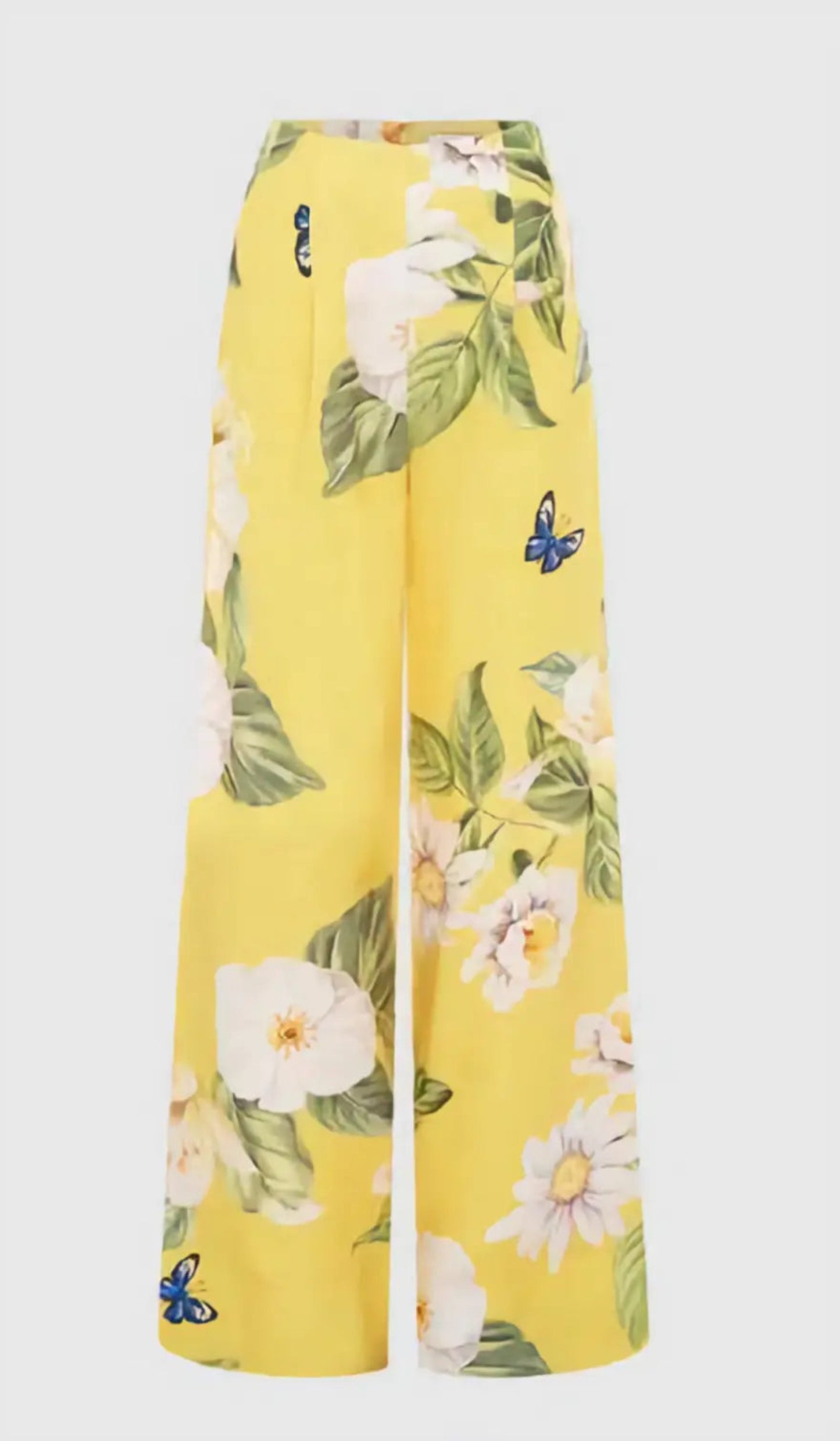 The Luisa Pants in vibrant canary yellow with hand-painted daisy and camellia print, showcasing the wide-leg silhouette and high banded waist.