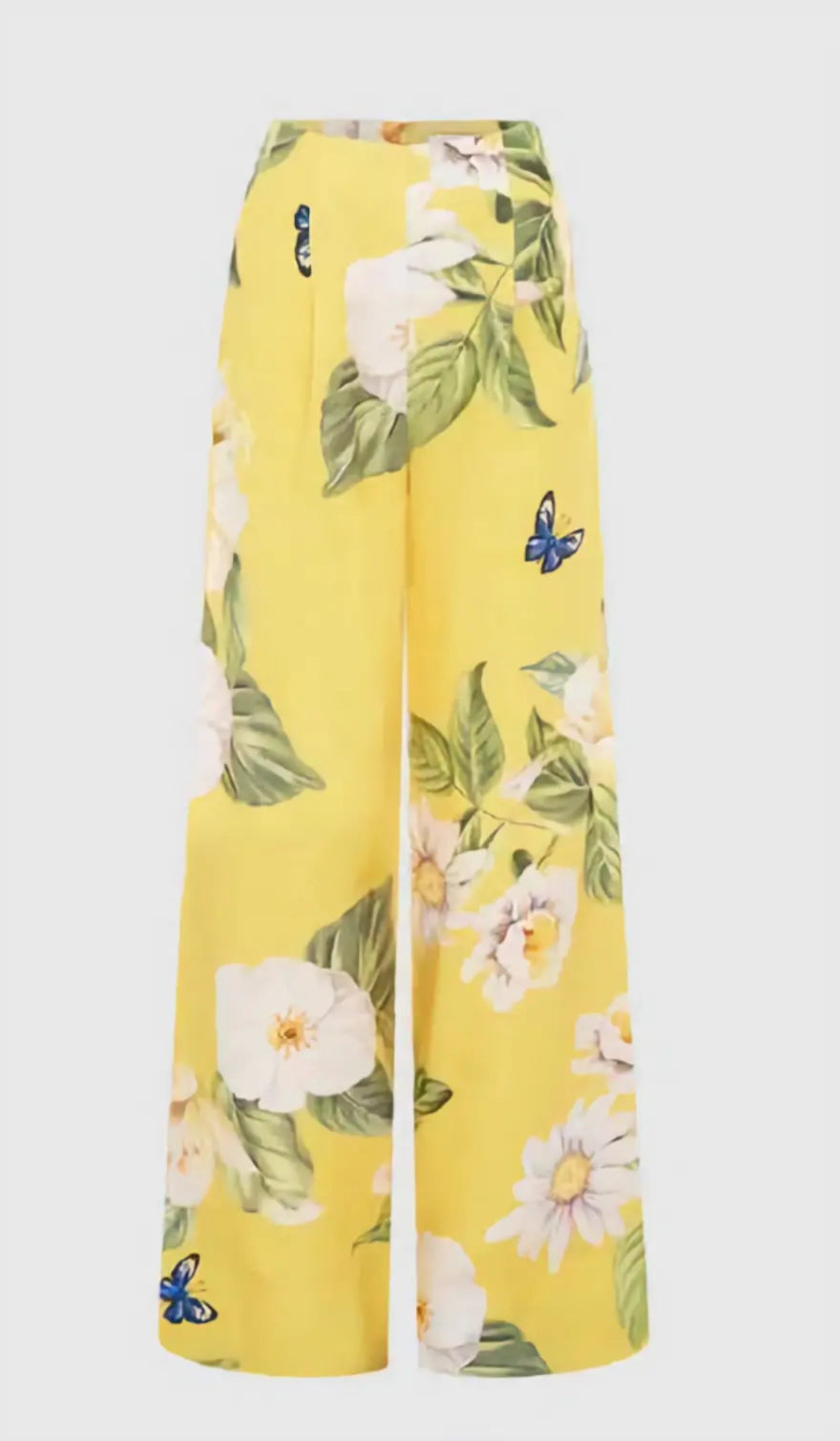 The Luisa Pants in vibrant canary yellow with hand-painted daisy and camellia print, showcasing the wide-leg silhouette and high banded waist.