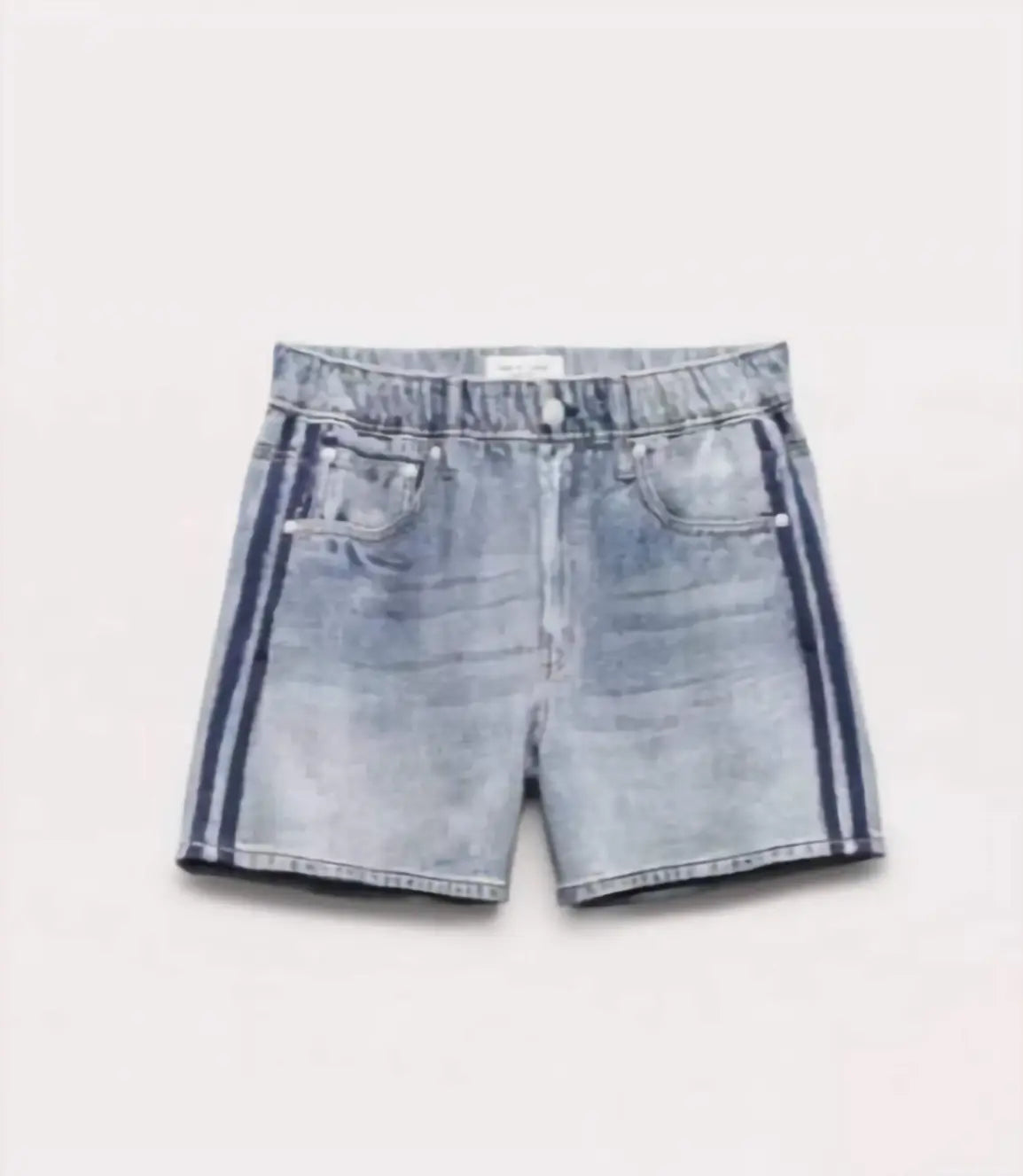 Blue denim shorts on a light gray background