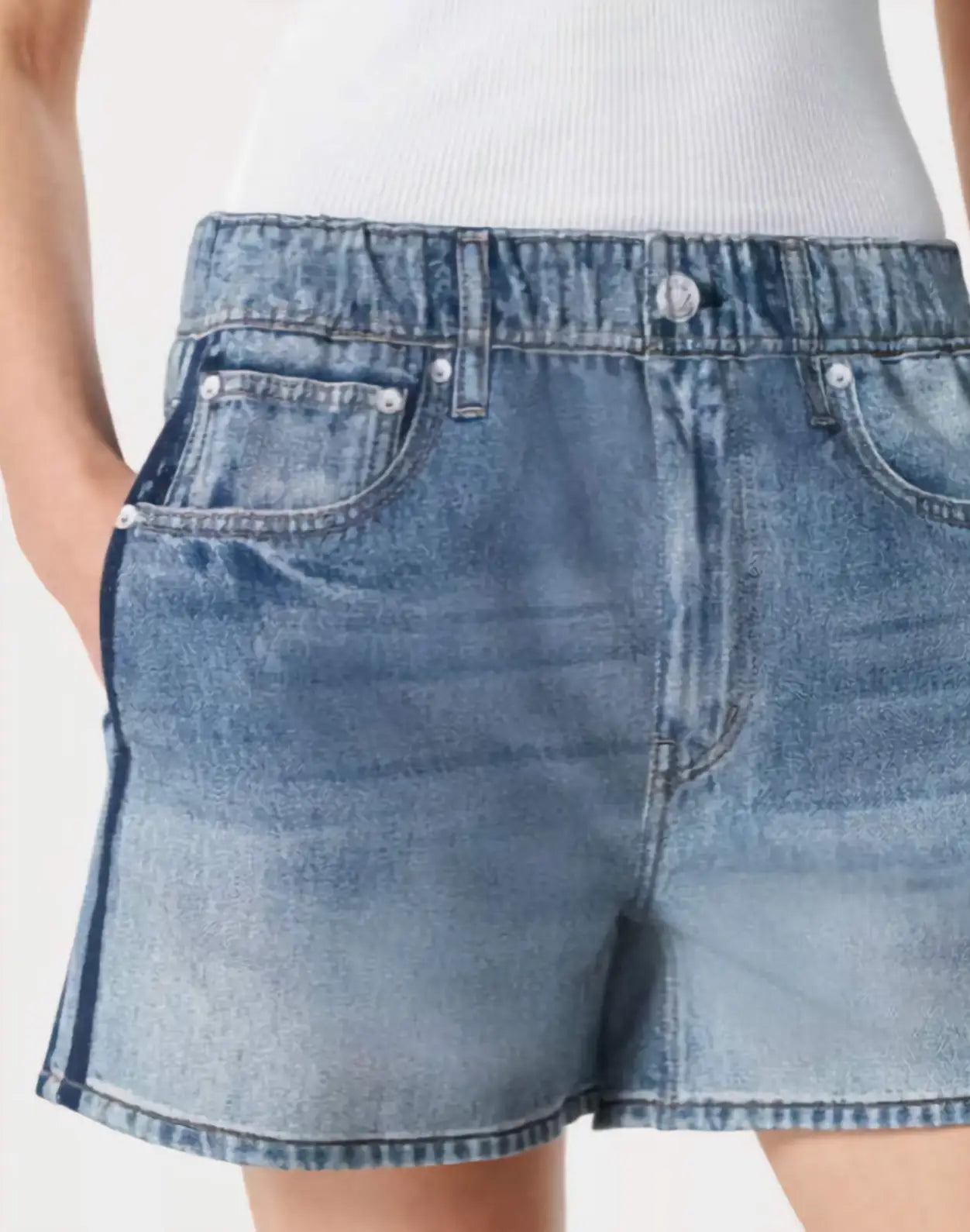 Blue denim shorts on a white background