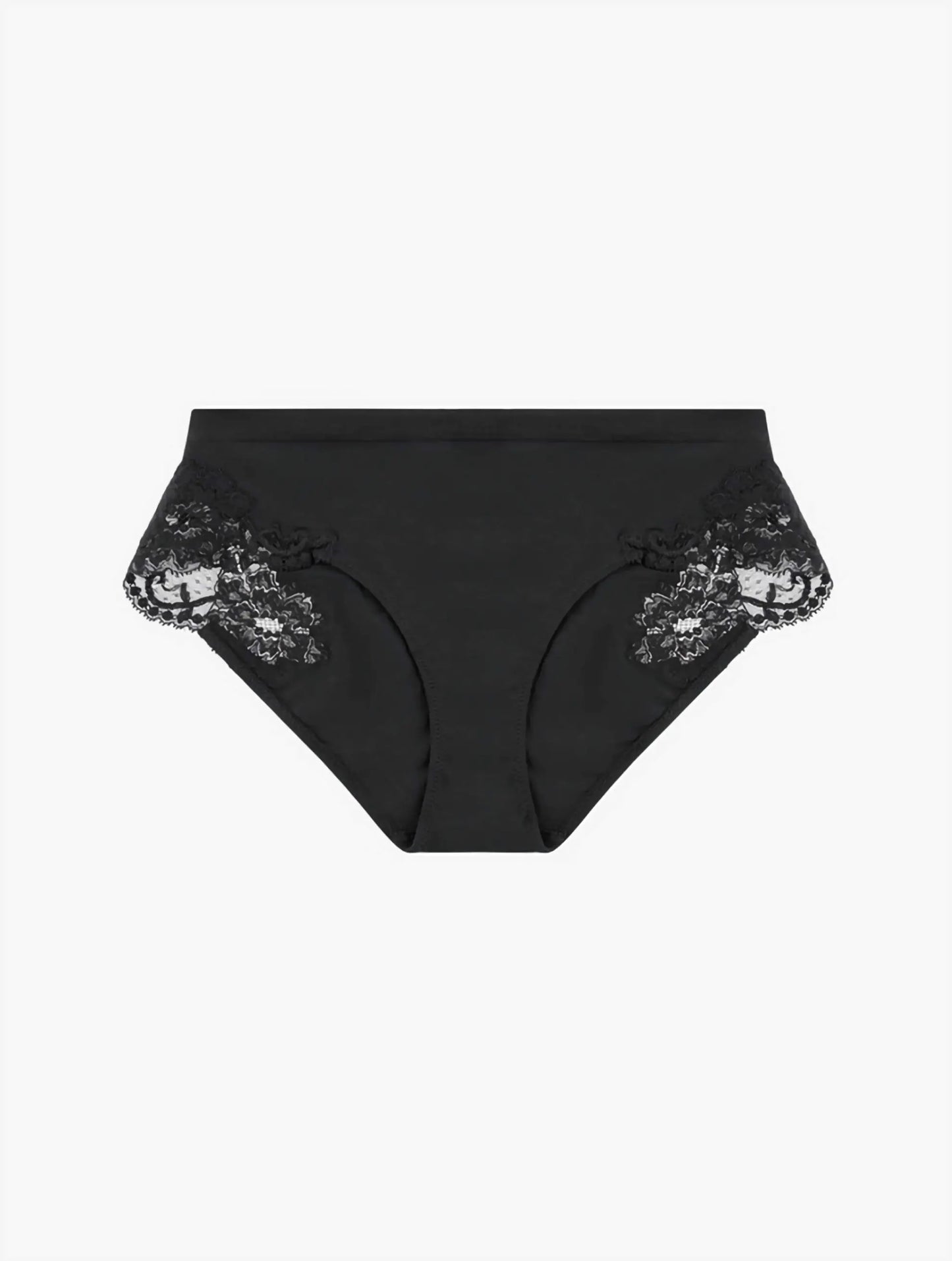 The Souple Mid-Rise Briefs in white, showcasing the stretch cotton jersey and delicate floral Leavers lace inserts on a clean background.